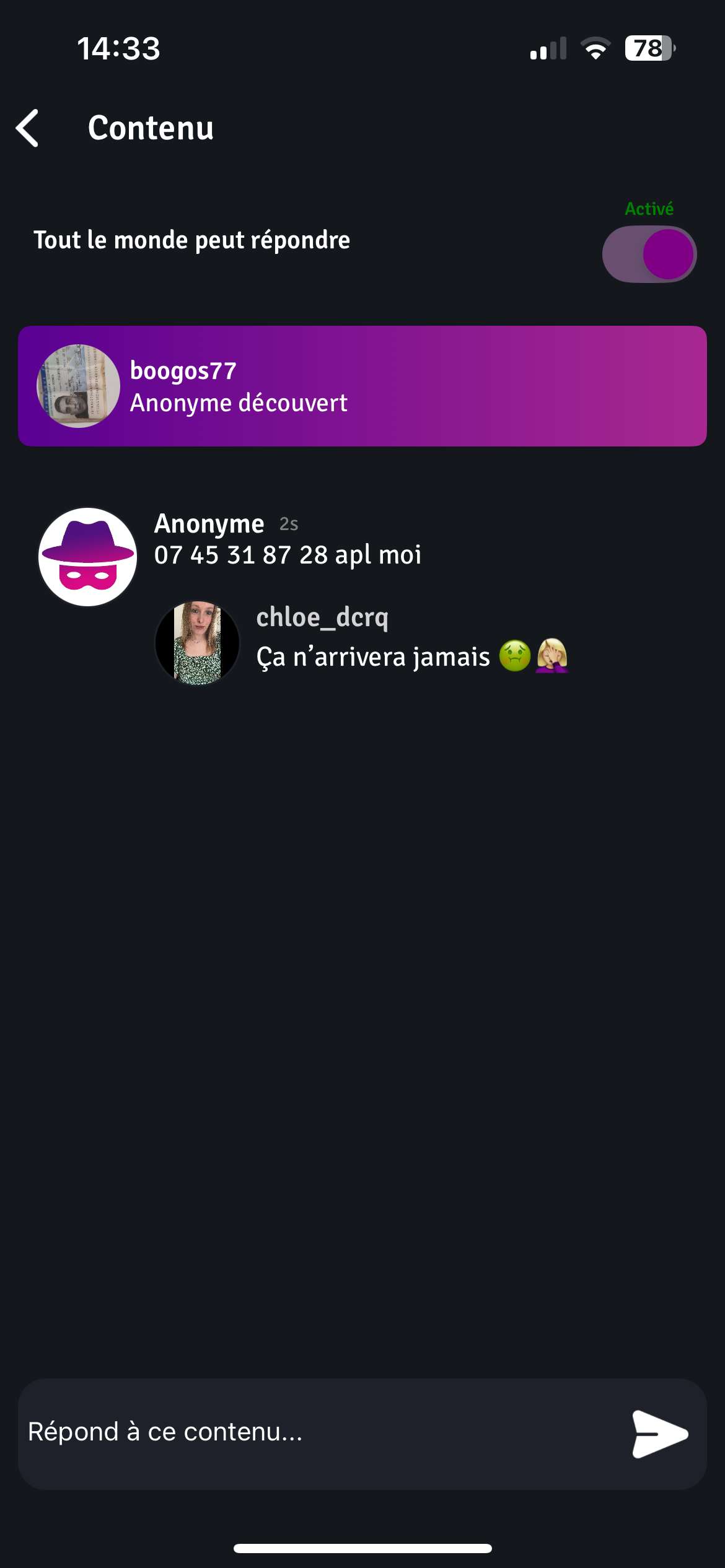 Bah alors, la vie est belle ?! Tu crois franchement que je vais accepter ton num&eacute;ro de t&eacute;l&eacute;phone et en plus tu as 42 ans soit 18 ans de plus que moi ! Apprend le respect 🤢🤦🏼&zwj;♀️