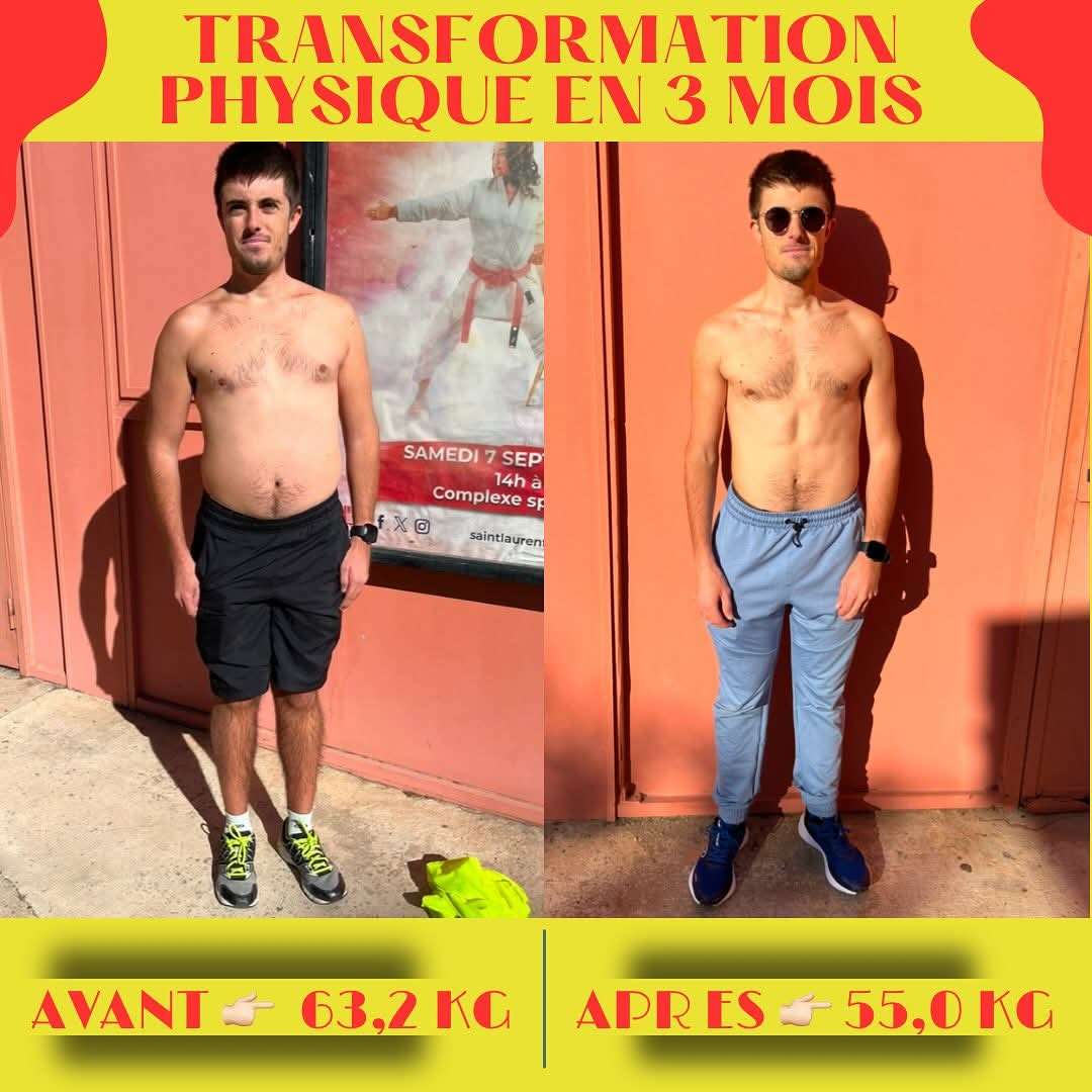 Photo 1 - Bonjour voilà ce que j'ai accompli   RÉSULTAT 
👉🏻 -8 kg en moins de 3 mois
👉🏻 Plus de poignées d’amour
👉🏻 Des abdos apparent à la place du bide  
👉🏻 Un dos plus tonique, renforcé et dessiné 
👉🏻 Une amélioration nette de sa condition physique et de la force 
👉🏻 Beaucoup + d’estime et de confiance en lui

Après la transformation physique je vais commencer la masse musculaire 💪💪💪