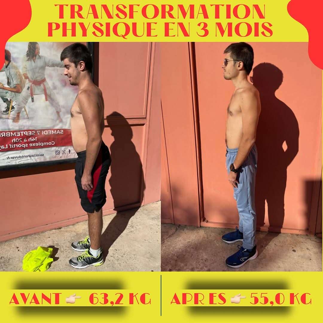 Photo 2 - Bonjour voilà ce que j'ai accompli   RÉSULTAT 
👉🏻 -8 kg en moins de 3 mois
👉🏻 Plus de poignées d’amour
👉🏻 Des abdos apparent à la place du bide  
👉🏻 Un dos plus tonique, renforcé et dessiné 
👉🏻 Une amélioration nette de sa condition physique et de la force 
👉🏻 Beaucoup + d’estime et de confiance en lui

Après la transformation physique je vais commencer la masse musculaire 💪💪💪
