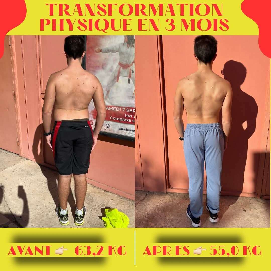 Photo 3 - Bonjour voilà ce que j'ai accompli   RÉSULTAT 
👉🏻 -8 kg en moins de 3 mois
👉🏻 Plus de poignées d’amour
👉🏻 Des abdos apparent à la place du bide  
👉🏻 Un dos plus tonique, renforcé et dessiné 
👉🏻 Une amélioration nette de sa condition physique et de la force 
👉🏻 Beaucoup + d’estime et de confiance en lui

Après la transformation physique je vais commencer la masse musculaire 💪💪💪