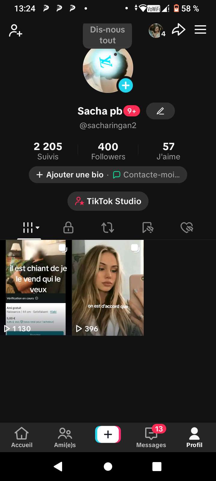 Mon compte tiktok hier &agrave; 13 h et ajd &agrave; 12 h