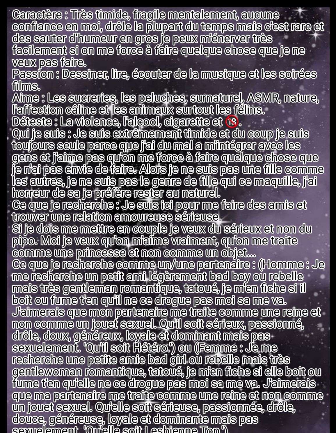 Photo 1 - ♰Prénom : Louka
♰Âge : 20 ans
♰Anniversaire : 21/01🎂
♰Signe Astrologique : Verseau ♒️
♰Pays : France, dans le Cher département 18 
♰Genre : Femme elle/elle
♰Sexualité : Bisexuelle Bottom Asexuel 
♰Situation Amoureuse : Célibataire 🔓
♰Style : Gothic lolita 🖤
♰Taille : 1m52-53
♰Tatouage : 3