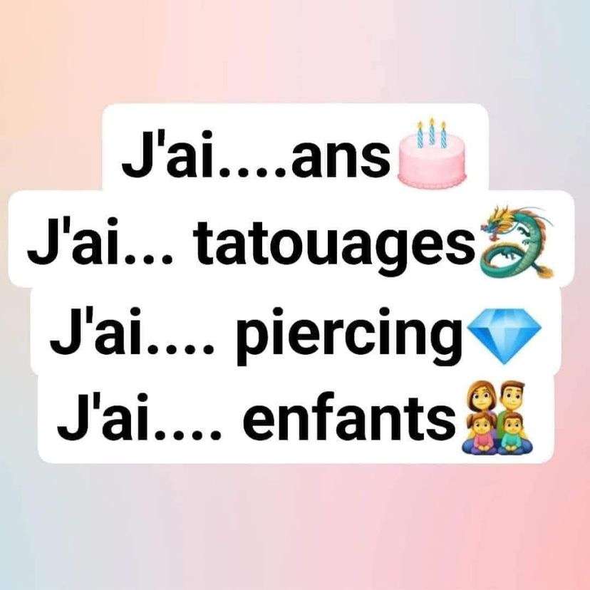 Actuellement 
J&rsquo;ai 23 ans
J&rsquo;ai 8 tatouages (il y en aura d&rsquo;autres)
J&rsquo;ai 8 piercings
J&rsquo;ai 0 enfants


&Agrave; vous !