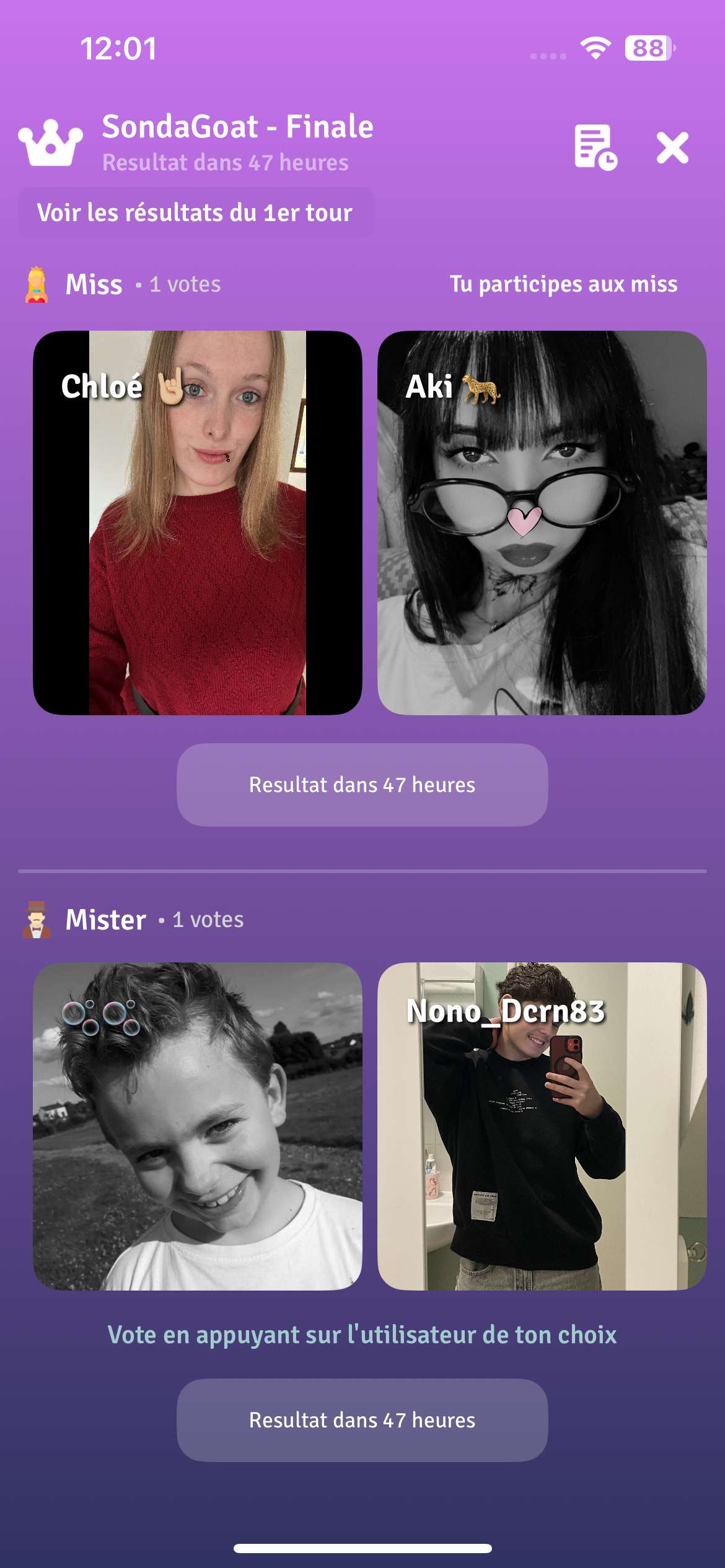 Wahou merci beaucoup pour vos votes ! C&rsquo;est ma 1&egrave;re finale au sondagoat 😁🫶🏼
Je compte sur vous &agrave; nouveau 😊