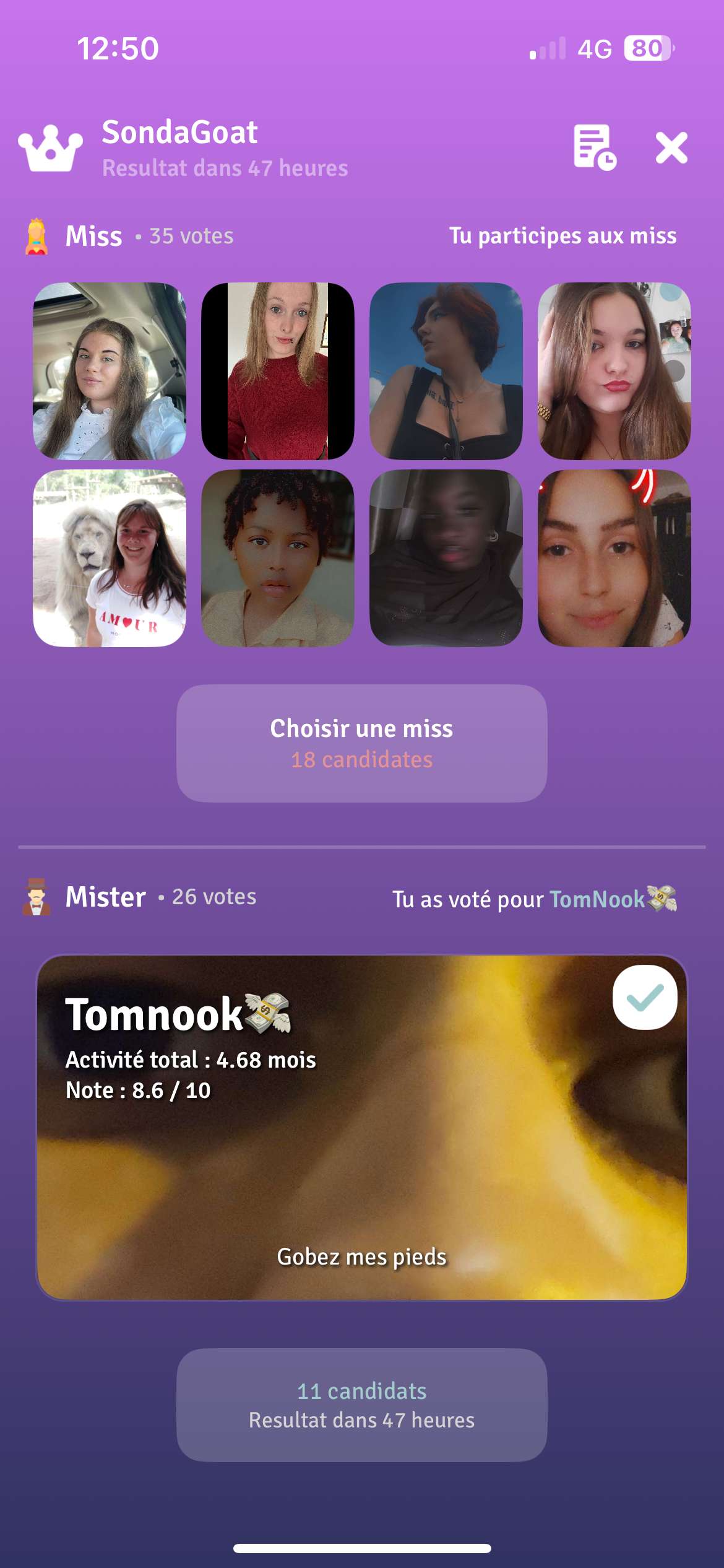 Merci par avance pour ceux qui votent pour moi 🫶🏼
J&rsquo;esp&egrave;re encore &ecirc;tre finaliste et cette fois &ecirc;tre 1&egrave;re au sondagoat 🤞🏼😁

Bon courage &agrave; vous 😇