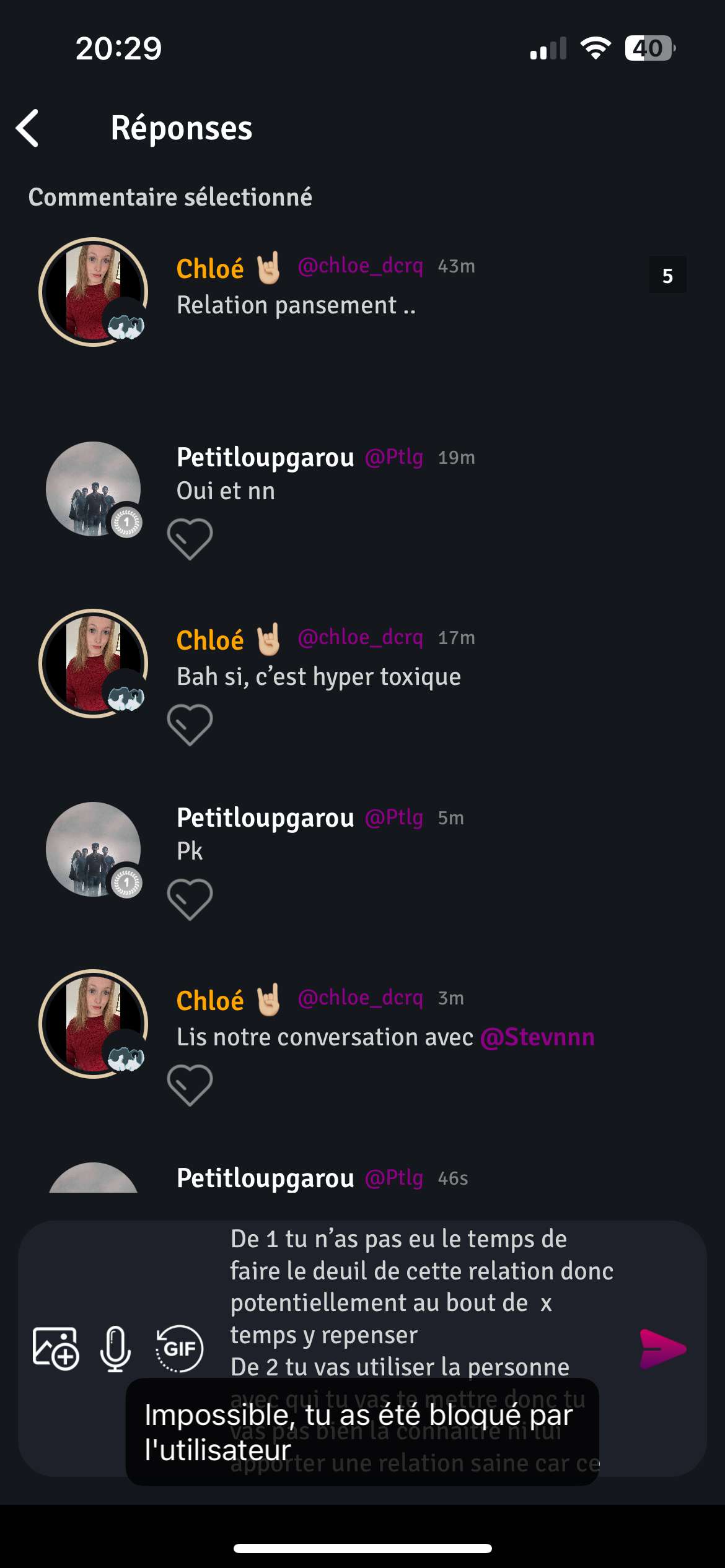 @Stevnnn  j&rsquo;ai m&ecirc;me pas eu le temps d&rsquo;envoyer une r&eacute;ponse hyper constructive que j&rsquo;ai mis du temps &agrave; &eacute;crire (un pav&eacute;) lui expliquant pourquoi c&rsquo;&eacute;tait pas le mieux &agrave; faire et il ose me bloquer 🤦🏼&zwj;♀️😂

Je plaint vraiment la fille qui tombera sur ce c0n 🙄