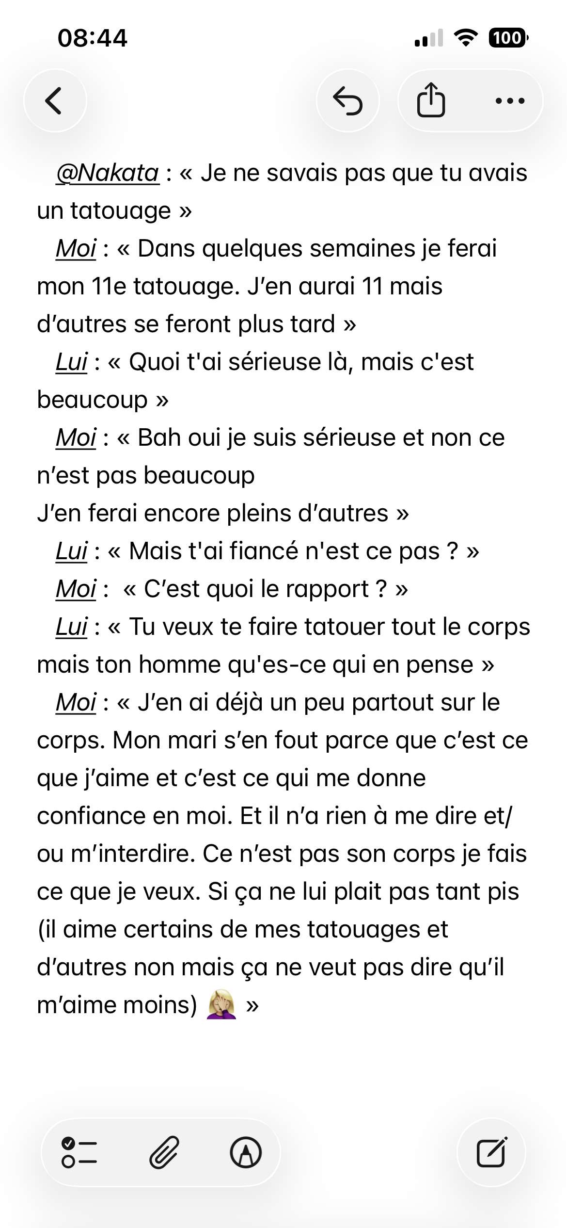 Discussion lunaire &agrave; propos de mes tatouages et sur mon mari
Stoppez les clich&eacute;s et foutez nous la paix, on fait ce qu&rsquo;on veut
Faut arr&ecirc;ter de penser comme &ccedil;a !