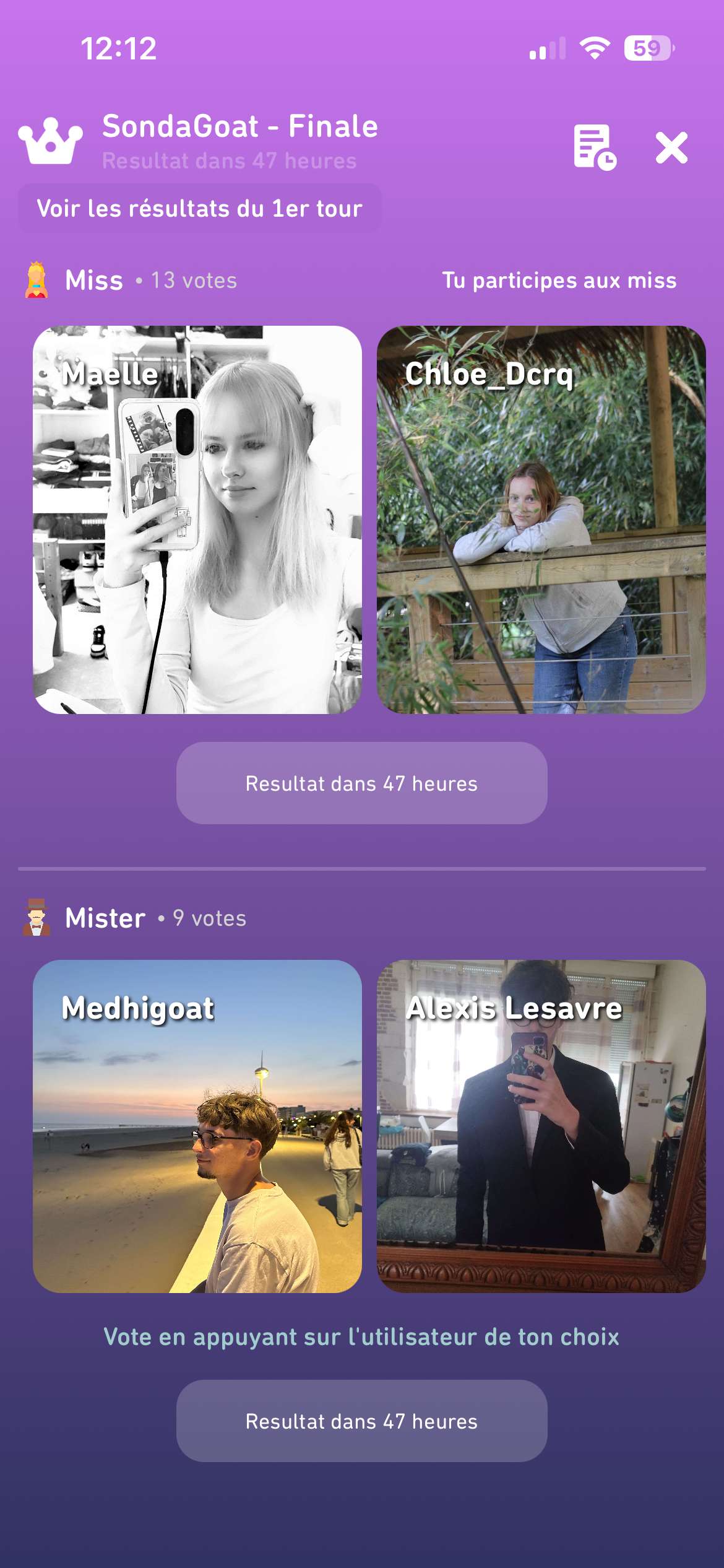 Merci &agrave; vous, je suis pour la 3e fois en final au sondagoat. J&rsquo;esp&egrave;re ma 1&egrave;re victoire apr&egrave;s tant de participations et de temps pass&eacute; sur l&rsquo;appli depuis bient&ocirc;t 5 ans 😇☺️

F&eacute;licitations aux participants que vous soyez en final ou non 😊
