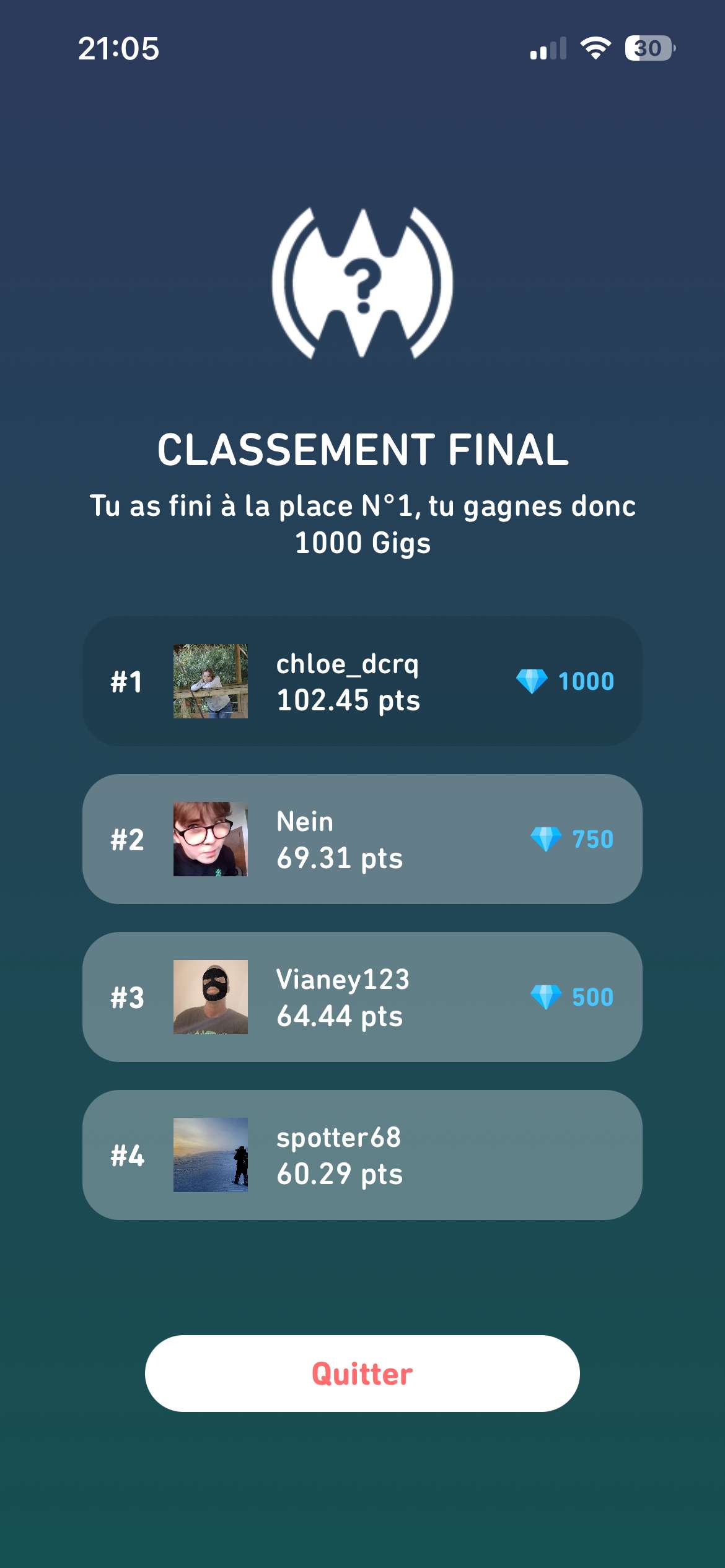 1&egrave;re au WedneSQuizz 👌🏼
Je ne pensais pas &ecirc;tre autant cal&eacute;e sur l&rsquo;art 👌🏼😂


Bravo &agrave; tous les participants, ce n&rsquo;&eacute;tait pas toujours facile