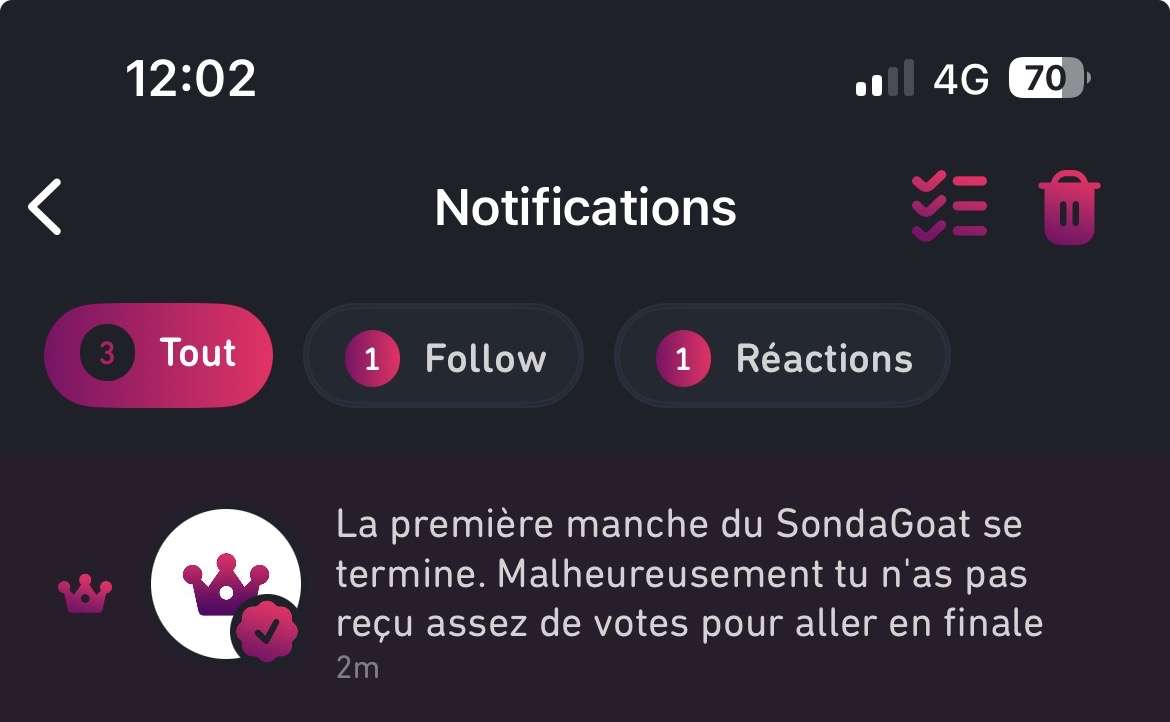 Bon bah je ne suis toujours pas &agrave; nouveau finaliste ni pour 1 fois enfin Sondagoat apr&egrave;s tellement de participations &hellip; 😕

D&eacute;go&ucirc;t&eacute;e, c&rsquo;&eacute;tait ma derni&egrave;re participation j&rsquo;abandonne