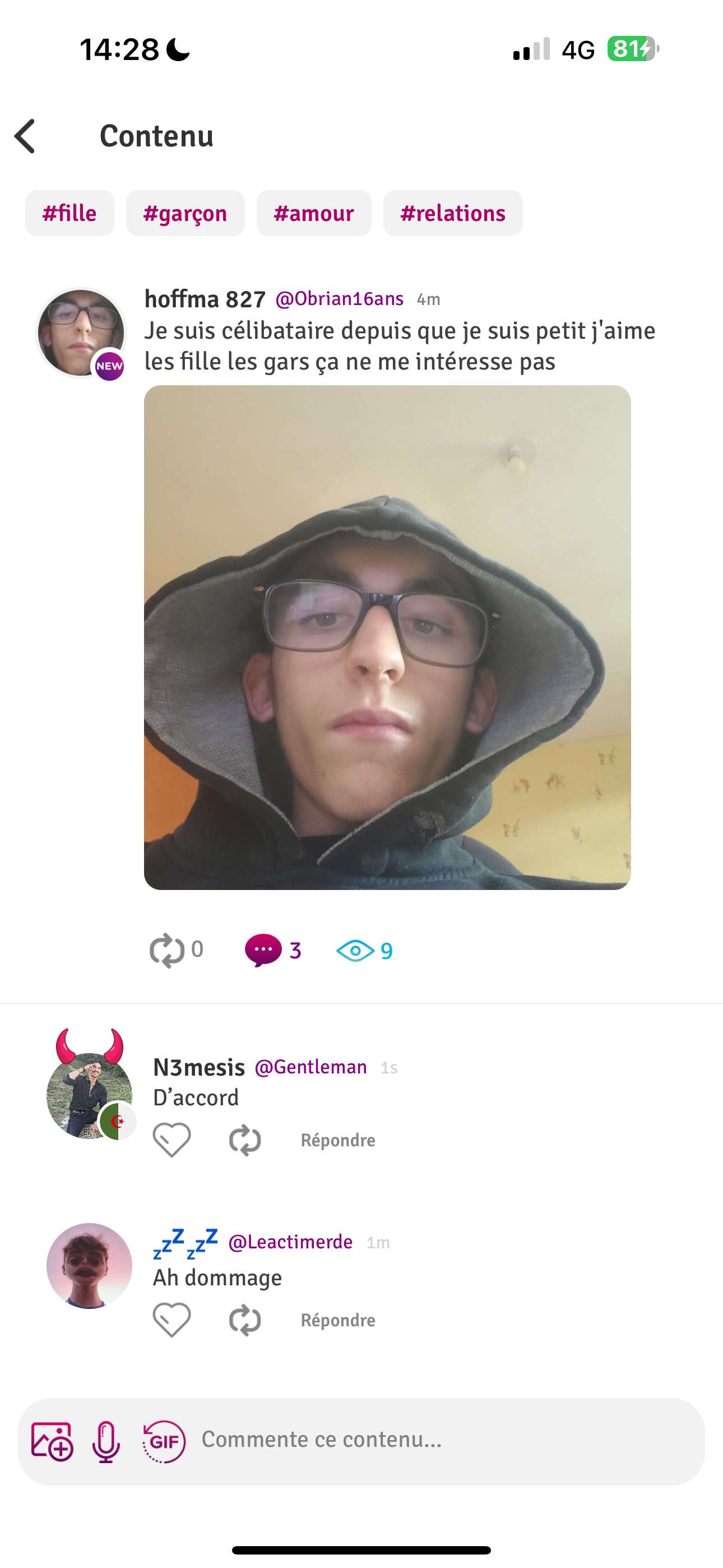 Trouvez lui une femme mskn j&rsquo;en fais appel &agrave; votre g&eacute;n&eacute;rosit&eacute; et votre cl&eacute;mence 

@Obrian16ans c&rsquo;est ton heure champion