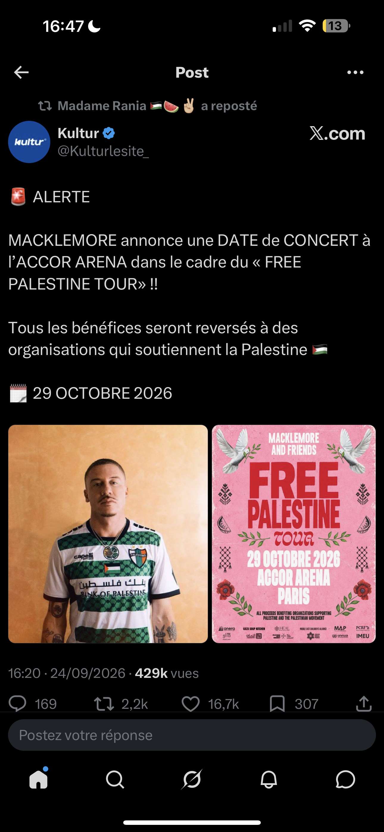 Y&rsquo;a des fans de Macklemore ? Je vais acheter 2-3 places pour la cause mais je connais pas assez ses sons pour participer ce serait du g&acirc;chis donc si y&rsquo;a des int&eacute;ress&eacute;s faites signe on fera d&rsquo;une pi&egrave;ce 2 heureux ✌️
#FreePalestine