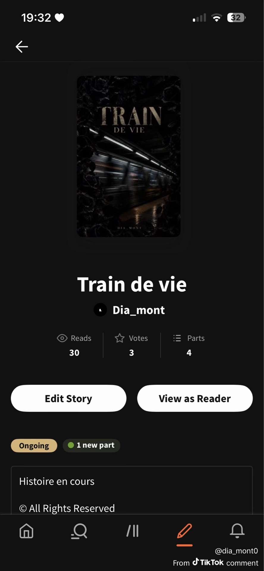 Les filles passionn&eacute;es de lecture j&rsquo;ai besoin de vos avis sur mes d&eacute;buts en tant qu&rsquo;autrice sur Wattpad. Je vous pr&eacute;sente mon tout premier &oelig;uvre train de vie ( toujours en cours d&rsquo;ailleurs) et j&rsquo;ai h&acirc;te de lire vos retours🙃

Lien de l&rsquo;histoire: https://www.wattpad.com/story/339614168?utm_source=ios&amp;utm_medium=link&amp;utm_content=story_info&amp;wp_page=story_details&amp;wp_uname=Dia_mont