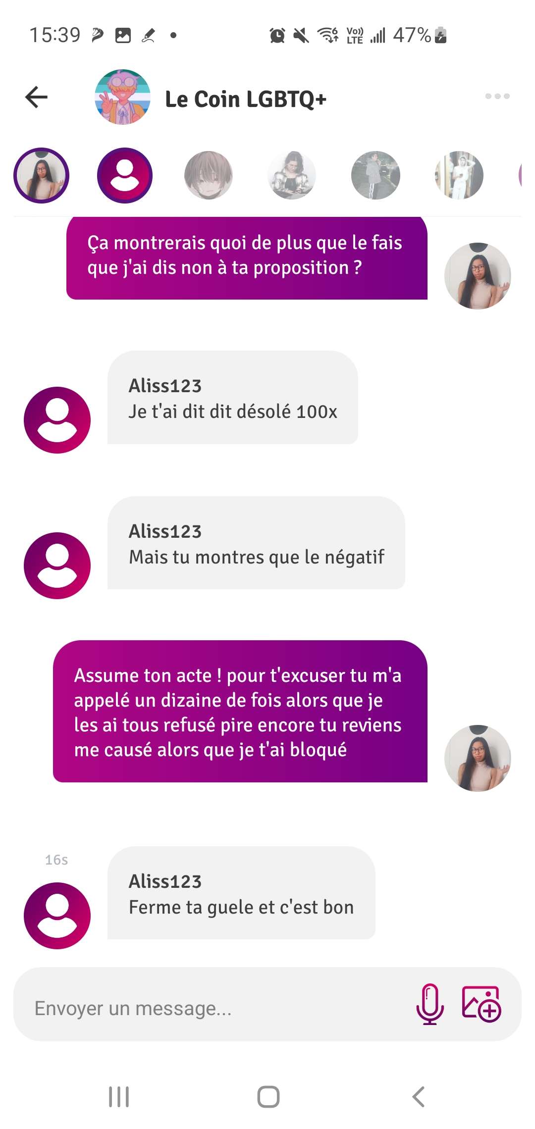 Le mec vient jusque dans un groupe de discussion pour argumenter alors que je l'ai bloqu&eacute; +un avis bien n&eacute;gatif et mensonger sur mon profil