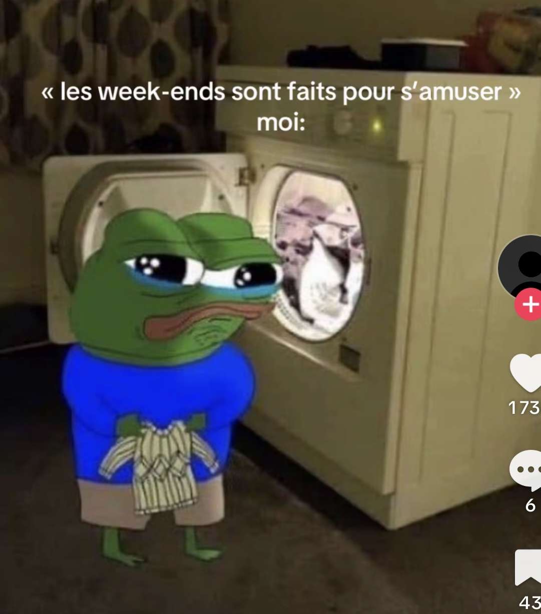 &laquo;&nbsp;Les week-ends c&rsquo;est fais pour s&rsquo;amuser.&nbsp;&raquo; 🥳

Pov : moi qui fais mes machines tout les week-ends 🤣😭