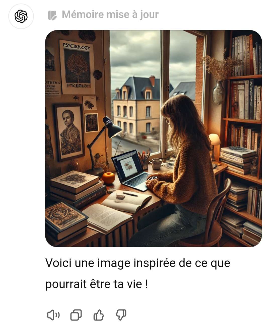 j'ai demand&eacute; &agrave; chat gpt de g&eacute;n&eacute;rer une image de comment il m'imagine gr&acirc;ce aux infos qu'il tire de nos convs :
