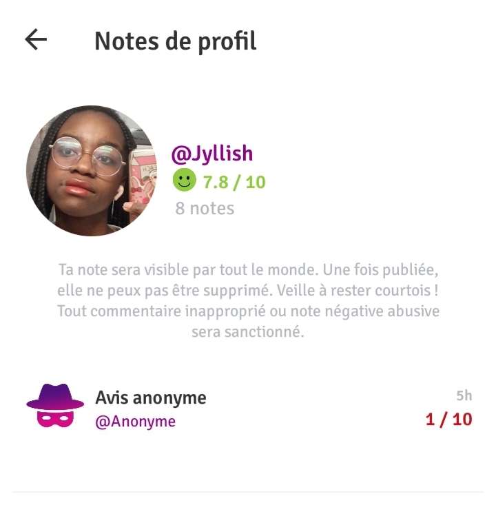 La personne qui m'a mit un 1/10 sans aucune raison... C'est facile d'etre l&acirc;che et se cacher en anonyme ..