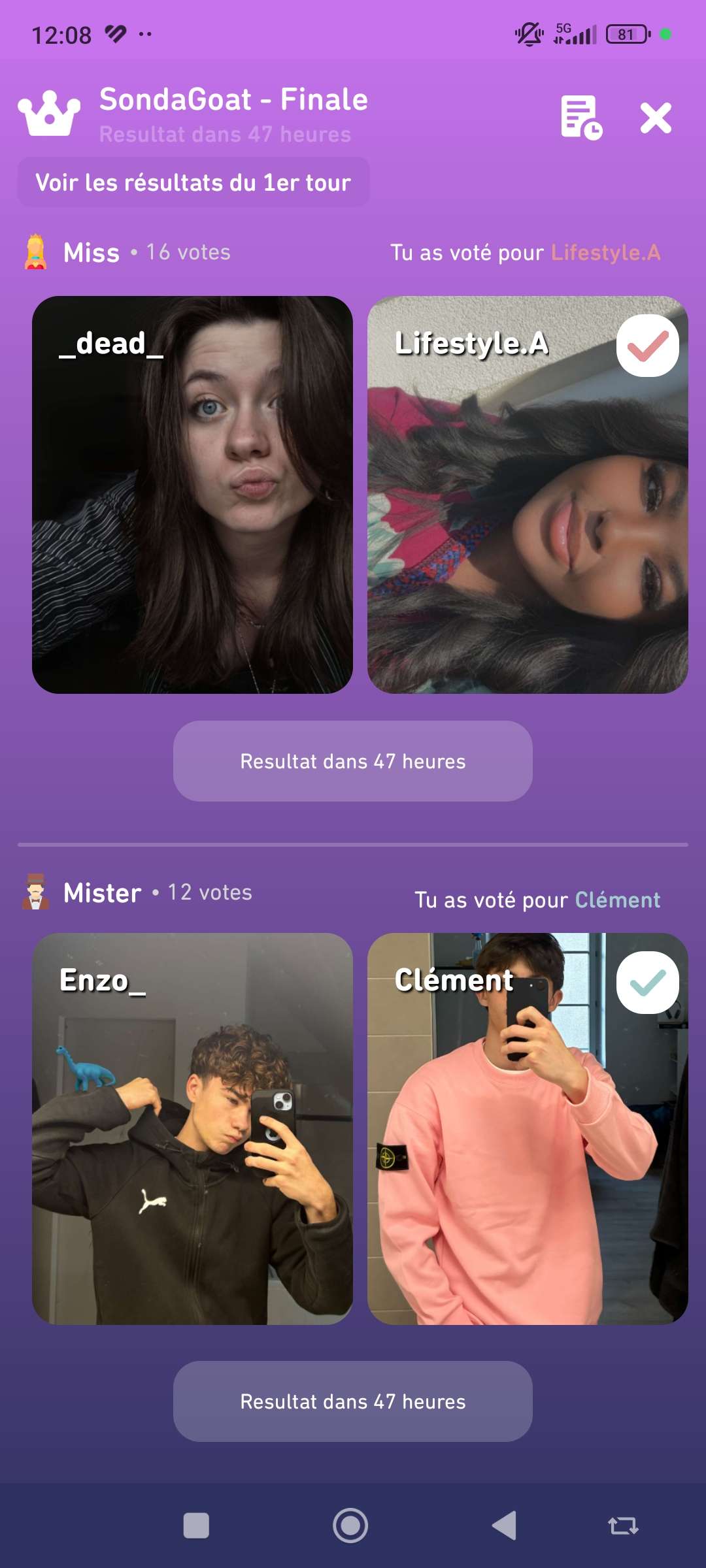 Allez @Lifestyle24 @clemt.flnje vote pour vous 
@Enzo_je suis vraiment d&eacute;sol&eacute; fro m'en veut pas mais je te vois plus co et tous la prochaine fois si tu te r&eacute;inscris je vote pour toi pour me pardonner