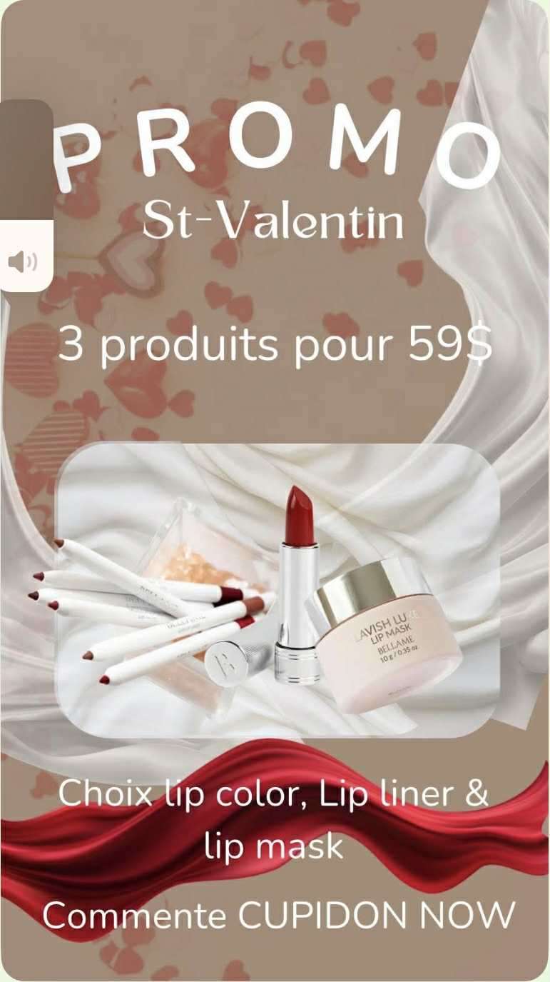 💘 PROMO SP&Eacute;CIALE ST-VALENTIN 💘
Envie de l&egrave;vres parfaites pour la Saint-Valentin ? 😍💄
✨ 3 produits pour seulement 59$ ✨
➡️ Choisis ton lip color, lip liner et lip mask
Un combo parfait pour briller 💖
📩 Commente CUPIDON NOW pour commander
💌 Quantit&eacute;s limit&eacute;es, fais vite !
#StValentin #Promo #Beaut&eacute;