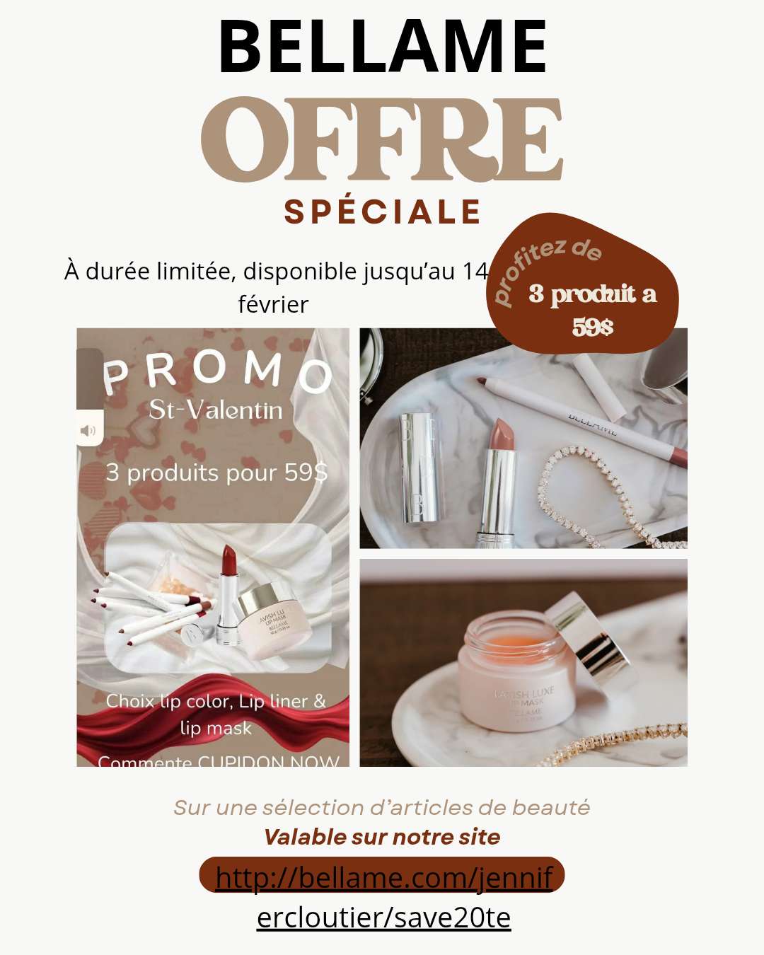 💘 PROMO SP&Eacute;CIALE ST-VALENTIN 💘
Envie de l&egrave;vres parfaites pour la Saint-Valentin ? 😍💄
✨ 3 produits pour seulement 59$ ✨
➡️ Choisis ton lip color, lip liner et lip mask
Un combo parfait pour briller 💖
📩 Commente CUPIDON NOW pour commander
💌 Quantit&eacute;s limit&eacute;es, fais vite !
#StValentin #Promo #Beaut&eacute;