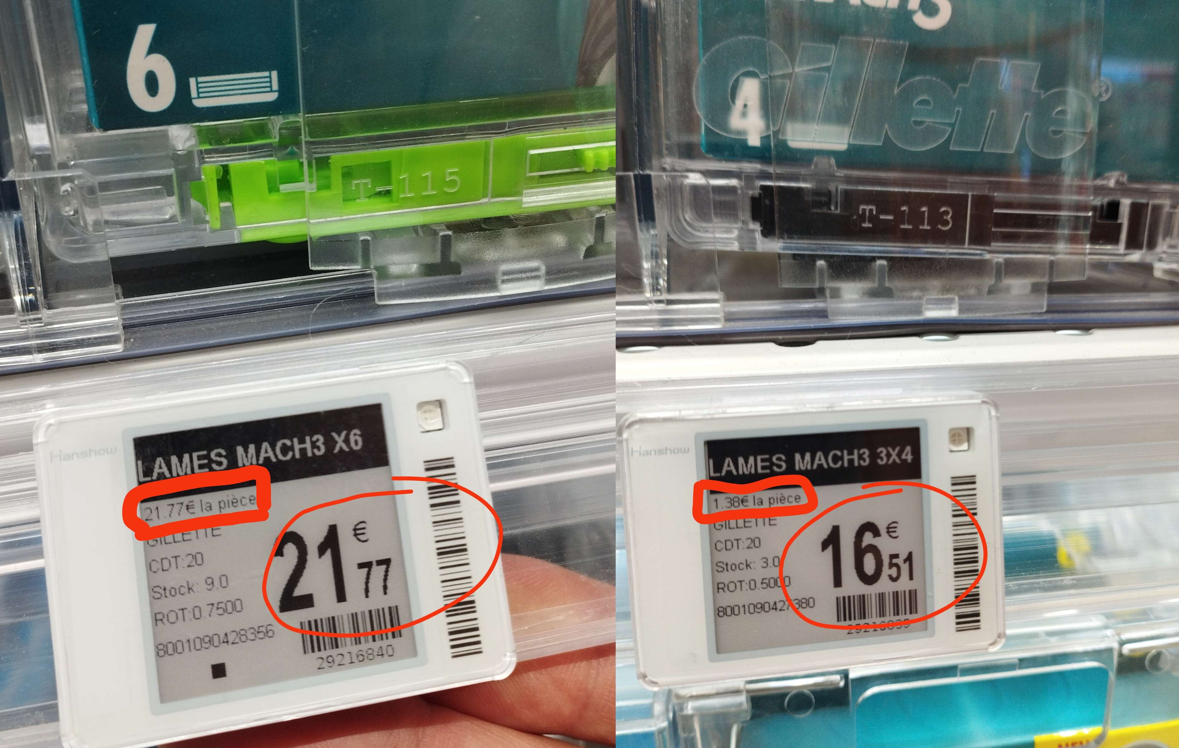 Petit souci dans les calculs au supermarch&eacute; :
22&euro; les 6 lames de rasoir, soit 22&euro; la pi&egrave;ce
16&euro; les 4 lames de rasoir, soit 1&euro; la pi&egrave;ce

(En r&eacute;alit&eacute; c'est 4&euro; la pi&egrave;ce pr les deux)