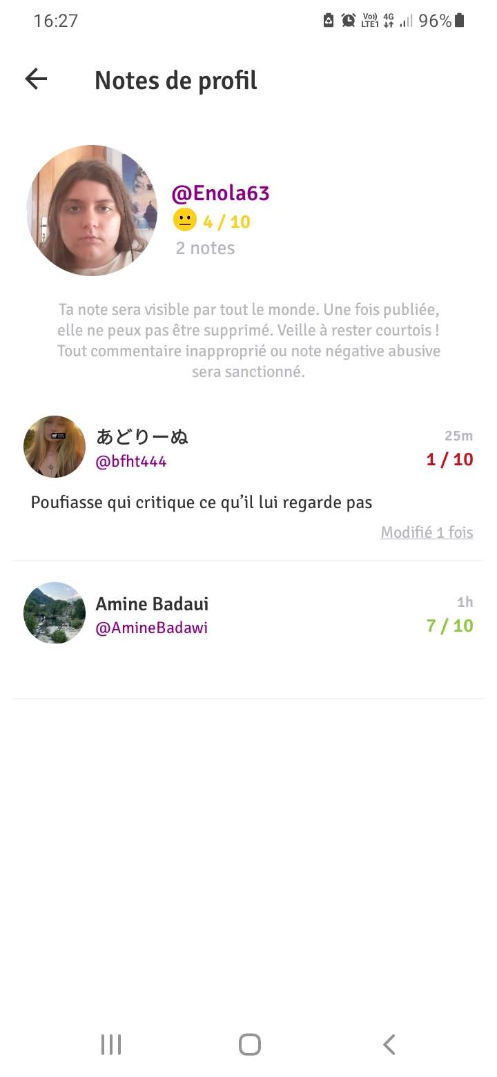 S&eacute;rieux tout &ccedil;a parce que je loi est mis une mauvaise note en pr&eacute;cisant "mal not&eacute; et ma restreint alors qu'on ses jamais parl&eacute; ses n'importe quoi " et elle m'insulte juste pour sa !?