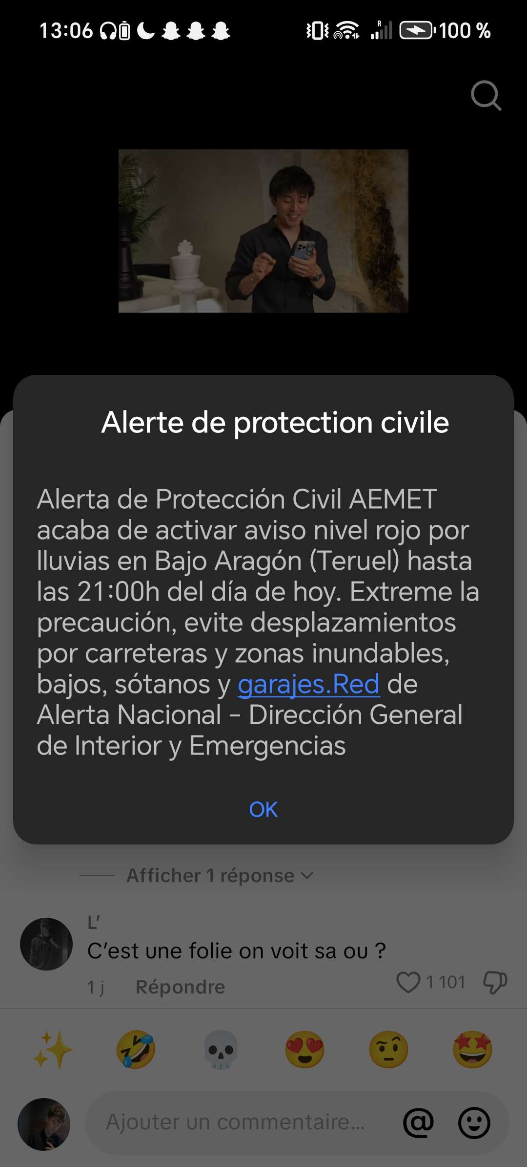 Pov : t'es en Espagne sur la route il pleut tellement que tu vois plus la route, y'a de l'orage et un d&eacute;but d'inondation et tu re&ccedil;ois &ccedil;a sur ton tel digne d'une alerte &agrave; la bombe qui fais bien stress💀