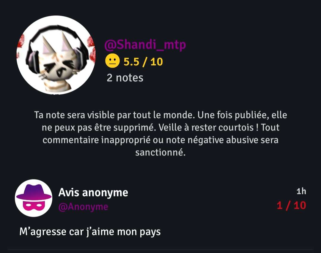 Je tiens a pr&eacute;ciser que je lui es seulement demand&eacute; si il &eacute;tais homophobe et contre l&rsquo;immigration ainsi que que pro nemesis, car les emojie "🇨🇵⚜️" laisse sugg&eacute;r&eacute; &ccedil;a. J&rsquo;aime mon pays pourtant cela ne m&rsquo;oblige pas a d&eacute;nigrer les autres, je voulais tout simplement &ecirc;tre sur en posant ces questions que cette personne n&rsquo;&eacute;tais pas de ce bord l&agrave; malgr&eacute; les emoji mis en bio, il s&rsquo;emblerai que ce soit le cas malgr&eacute; &ccedil;a :)