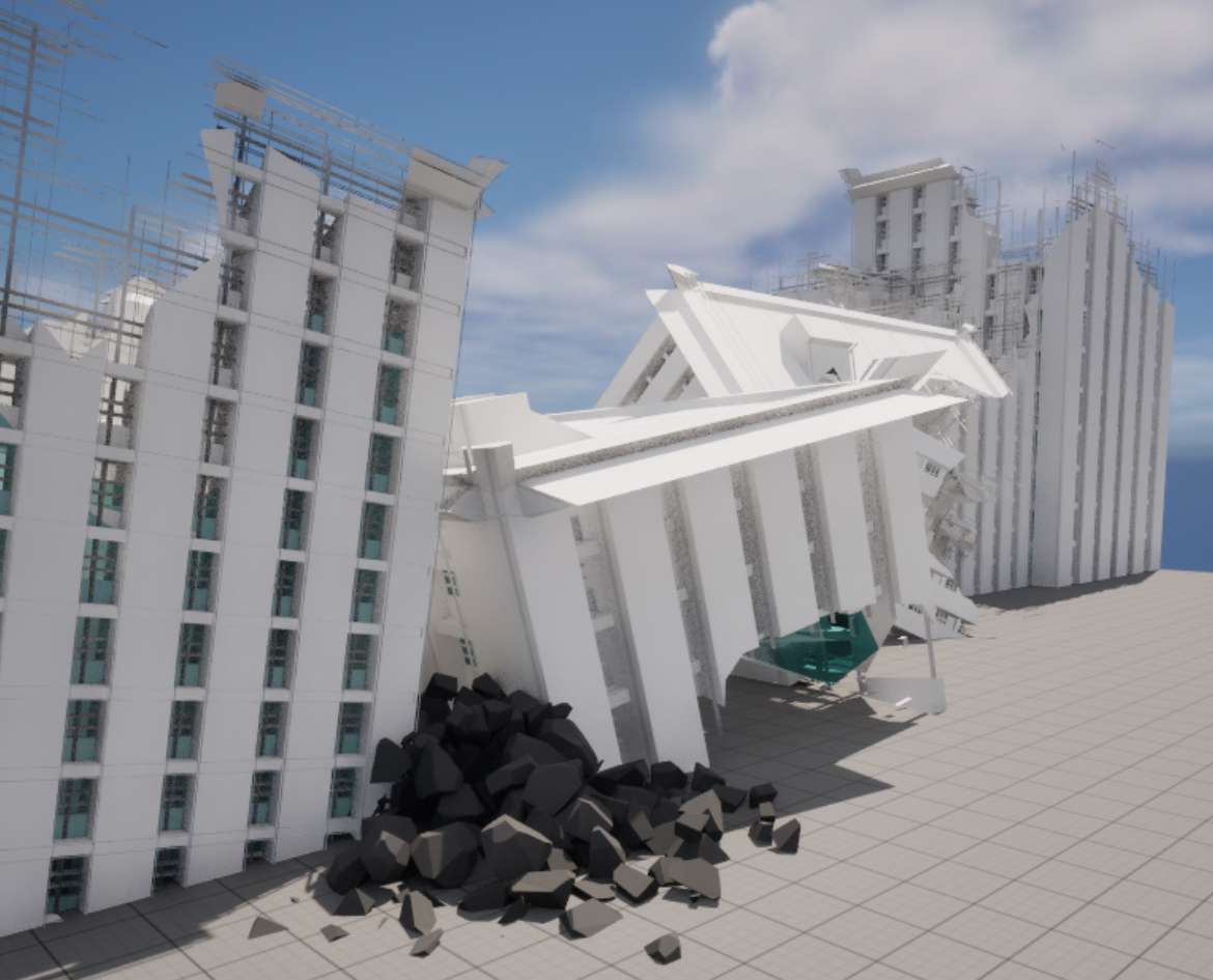 Building d&eacute;truit dans la sc&egrave;ne en construction ( mod&eacute;lisation aussi des d&eacute;bris )