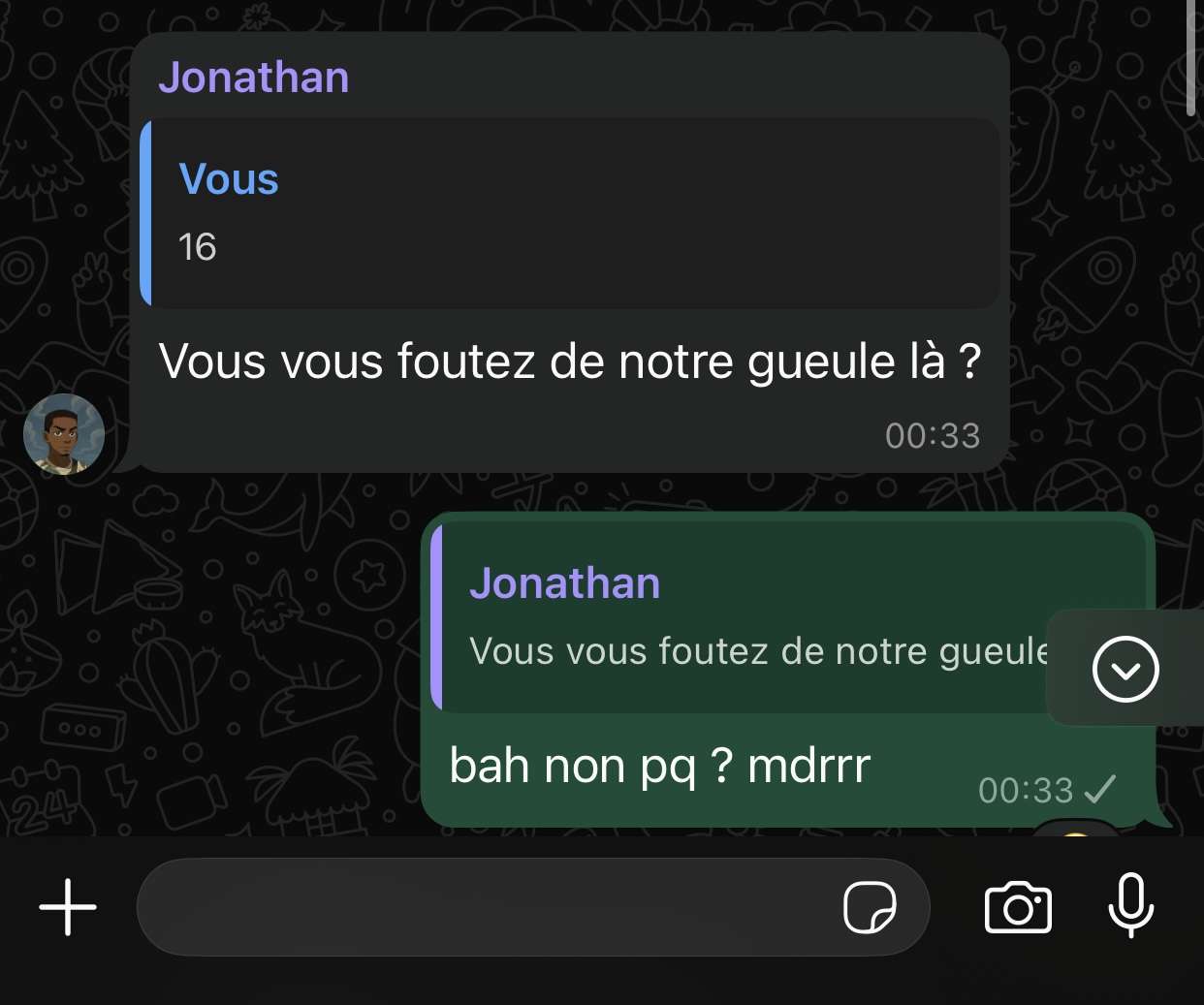 regardez les jaloux de ma fac svp juste pcq j&rsquo;ai eu 16 de moyenne dans une mati&egrave;re 
il se croit trop en licence de m&eacute;decine j&rsquo;ai envie de le baffer
