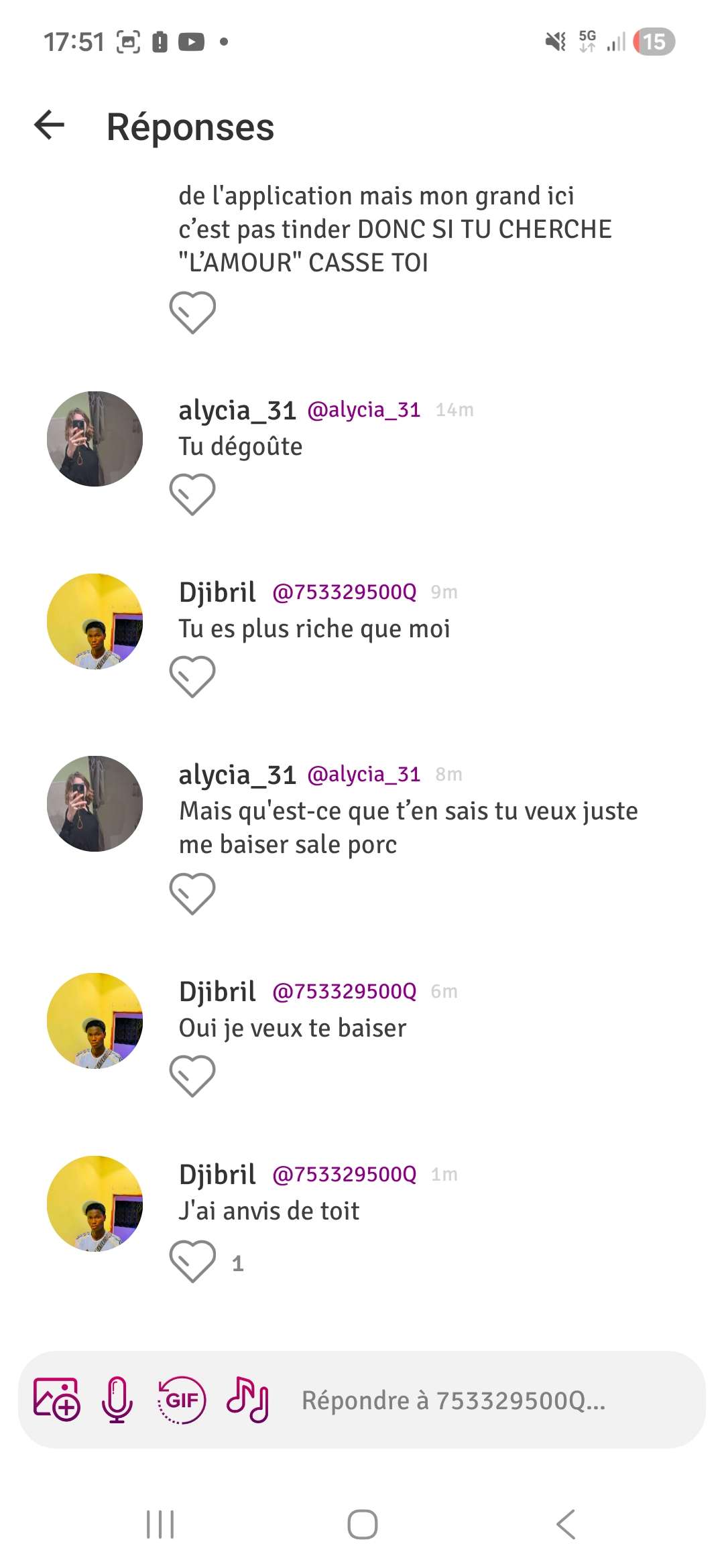 @753329500Q sale pervers 

Je suis lesbienne ptn laisse moi tranquille je t&rsquo;ai rien demander tu d&eacute;goute aucune filles veulent de toi ici donc laisse moi et laisse les filles tranquille sale mec