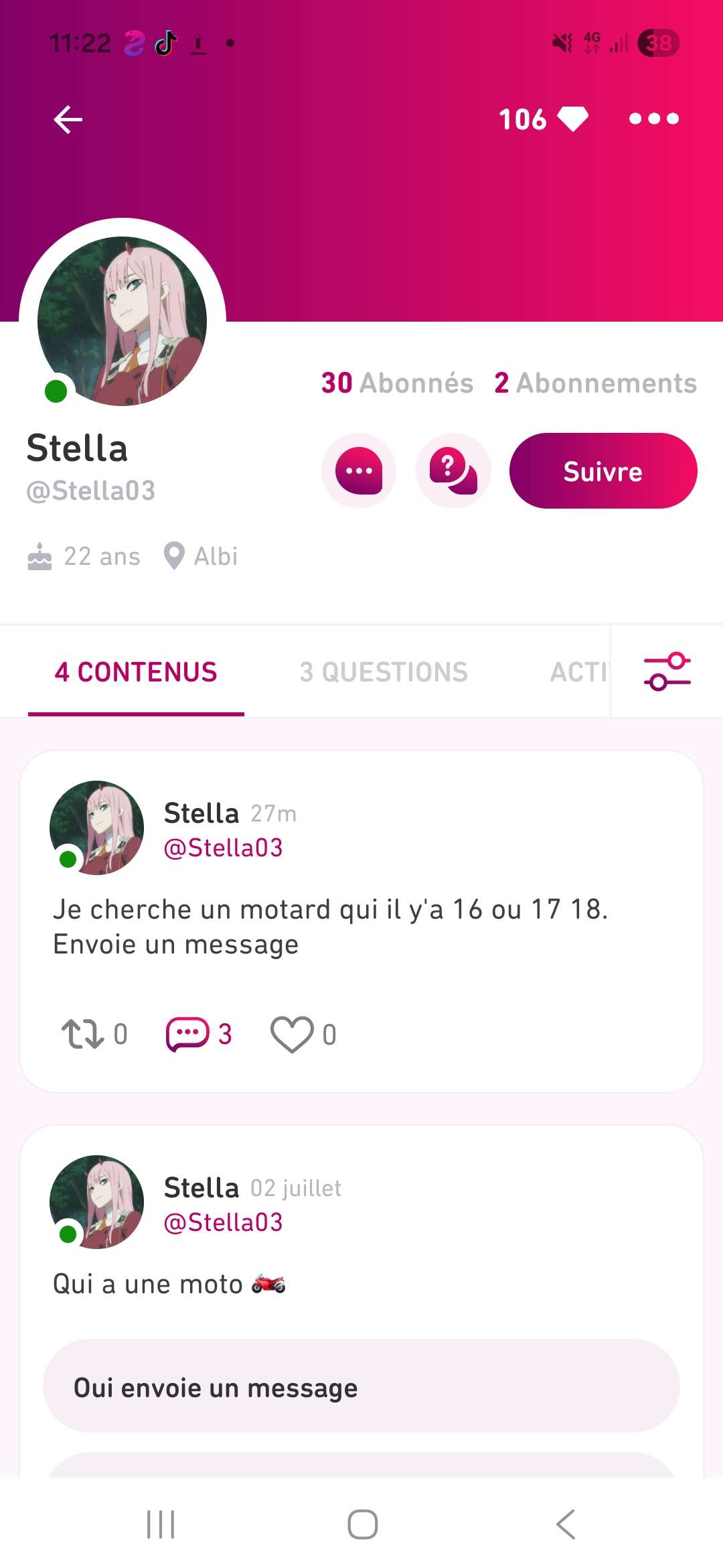 Bon je vais faire un petit poste pour remettre les pendules a l'heure a certaines personne dans le d&eacute;ni. Il y'a quelque temps un mec avais notifier un certain &acirc;ge et fait un poste cherchant -&acirc;g&eacute; que l'&acirc;ge qu'il a mis en profil... tout de suite au scandal etc dans ce cas j'aimerais que vous fassiez de m&ecirc;me pour les femmes parce que si nous ne sommes pas a la m&ecirc;me enseigne c'est que vous &eacute;laborer une discrimination sexiste merci bien. Et il est possible qu'ils se soient tromper.
