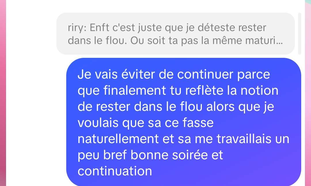 BON les gens arr&ecirc;ter de tout remettre sur le dos de la MATURIT&Eacute;. Si vous voulez une personne s&eacute;rieuse, virile et coinc&eacute;e c'est v&ocirc;tre choix. Arr&ecirc;ter d'essayer de nous faire culpabiliser !!! Perso je ne serai jamais conforme &agrave; votre maturit&eacute; ! Ah et maturit&eacute; &ne; savoir faire la part des choses j'ai d&eacute;j&agrave; fait un poste sur ce que veux dire le mot m&acirc;ture. Personnellement je fais la part des choses objectivement.