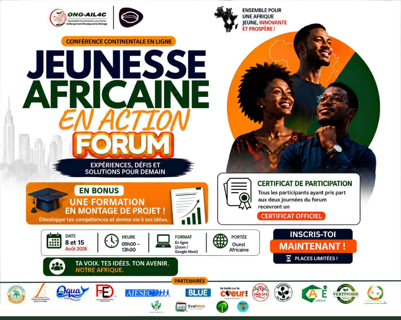 🌍 LA JEUNESSE AFRICAINE A RENDEZ-VOUS AVEC SON AVENIR ! 🚀
Les d&eacute;fis sont nombreux, mais les opportunit&eacute;s le sont tout autant. Rejoignez le Forum Jeunesse Africaine en Action, une conf&eacute;rence continentale en ligne d&eacute;di&eacute;e &agrave; l'emploi, &agrave; l'entrepreneuriat, au leadership et aux solutions concr&egrave;tes pour b&acirc;tir l'Afrique de demain.

✨ Au programme : 
✅ Des &eacute;changes inspirants avec des experts et acteurs du changement. 
✅ Des solutions innovantes pour l'avenir de la jeunesse africaine. 
🎁 Bonus : une f