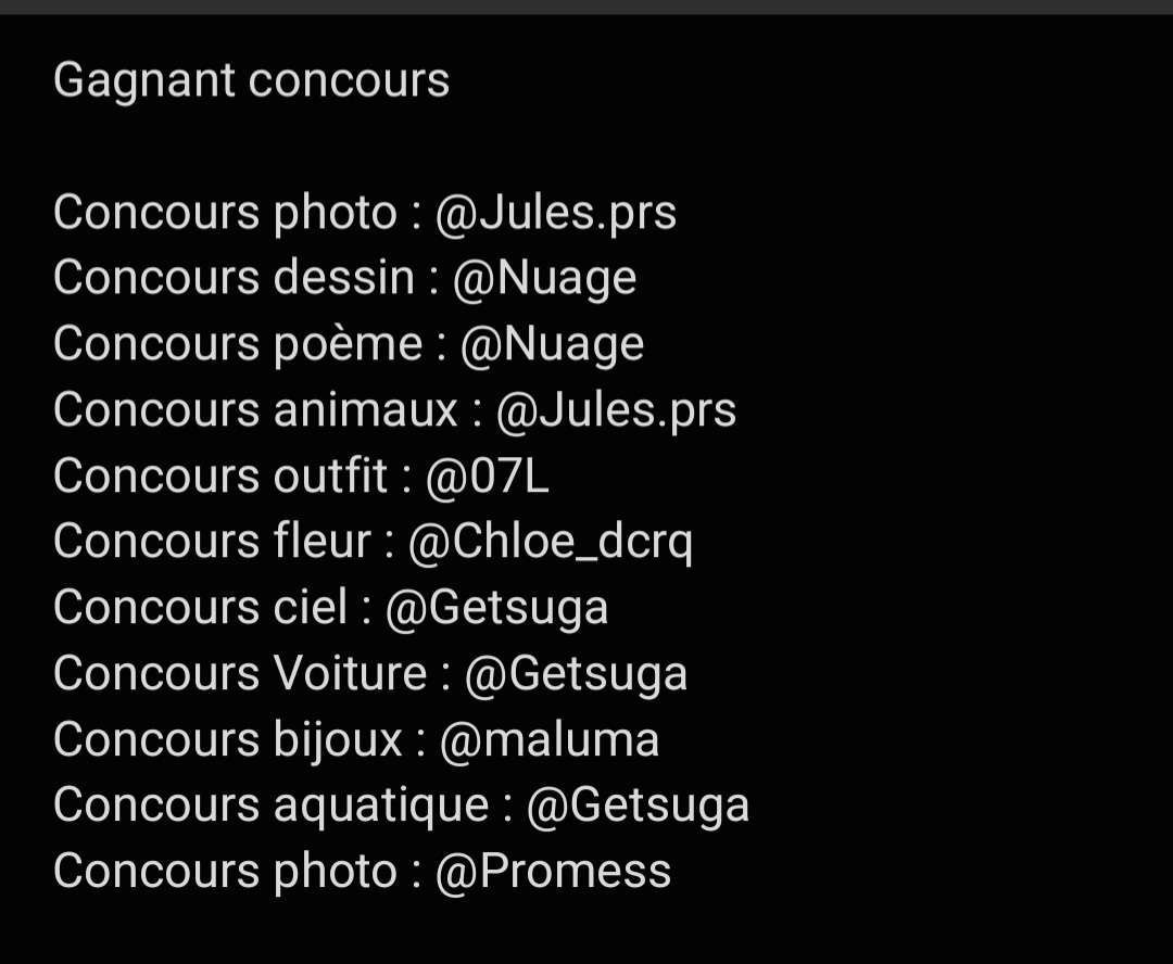 J&rsquo;ai d&eacute;j&agrave; organis&eacute; 11 concours et je vois que &ccedil;a vous pla&icirc;t toujours autant alors je vais continuer &agrave; en faire

Tous les 10 concours il y aura un concours photo sans th&egrave;me et si vous souhaitez revoir certains th&egrave;mes des pr&eacute;c&eacute;dents concours ou si vous avez de nouvelles id&eacute;es de th&egrave;mes n&rsquo;h&eacute;sitez pas &agrave; me les proposer